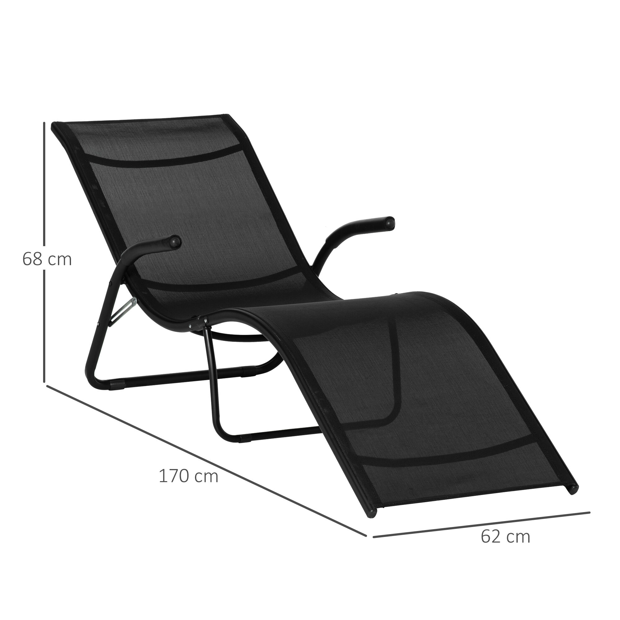 Outsunny Conjunto de 2 Tumbonas Plegables Tumbonas de Jard&iacute;n con Reposabrazos Reposapi&eacute;s y Respaldo Carga 160 kg para Terraza Playa Camping Exterior 170x62x68 cm Negro, , large Imagen numero 3