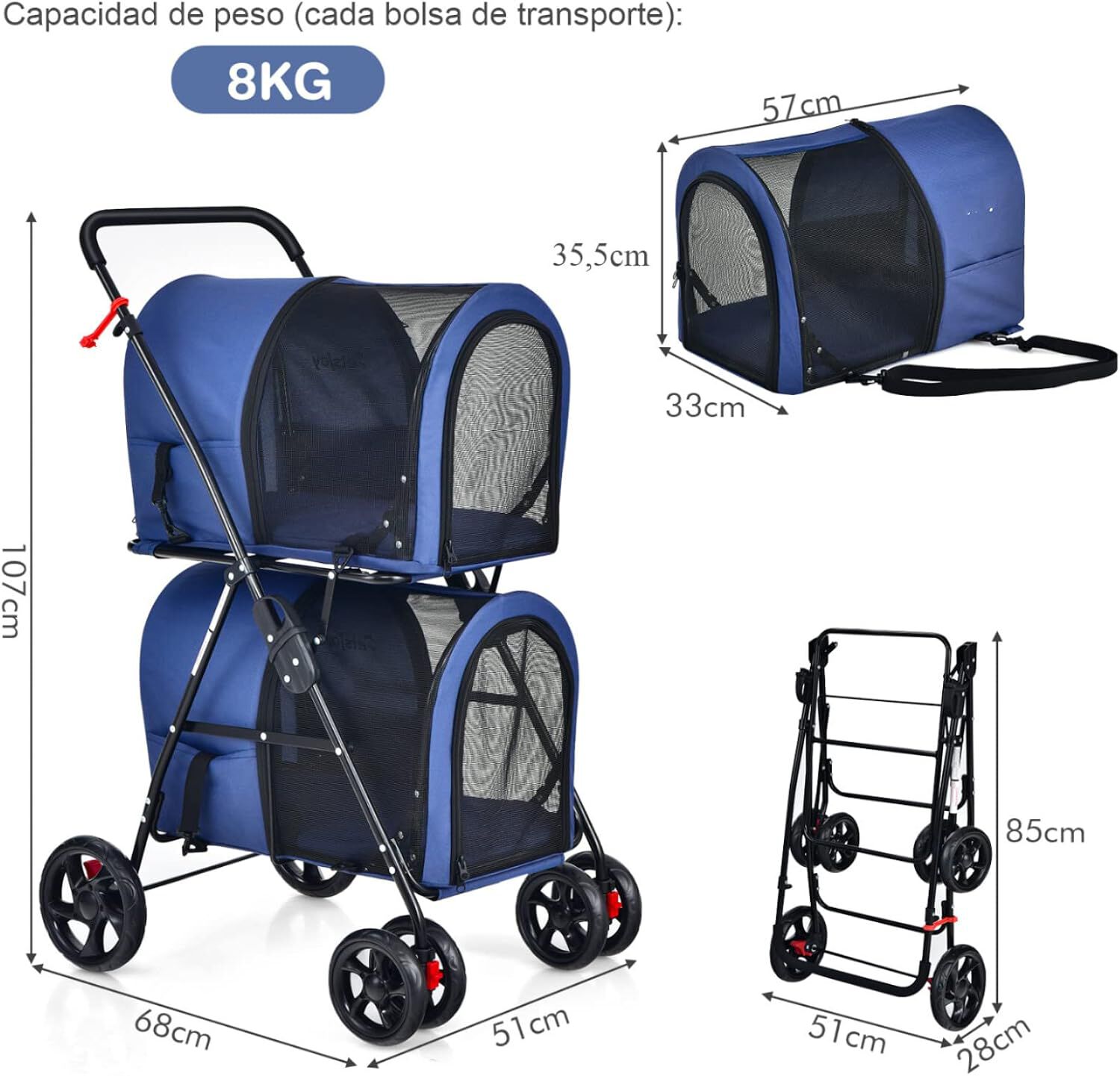 COSTWAY Carrito para Perros y Gatos Multifuncional 4 en 1, Cochecito para Mascotas de Doble Nivel, Carrito Plegable, , large Imagen numero 4