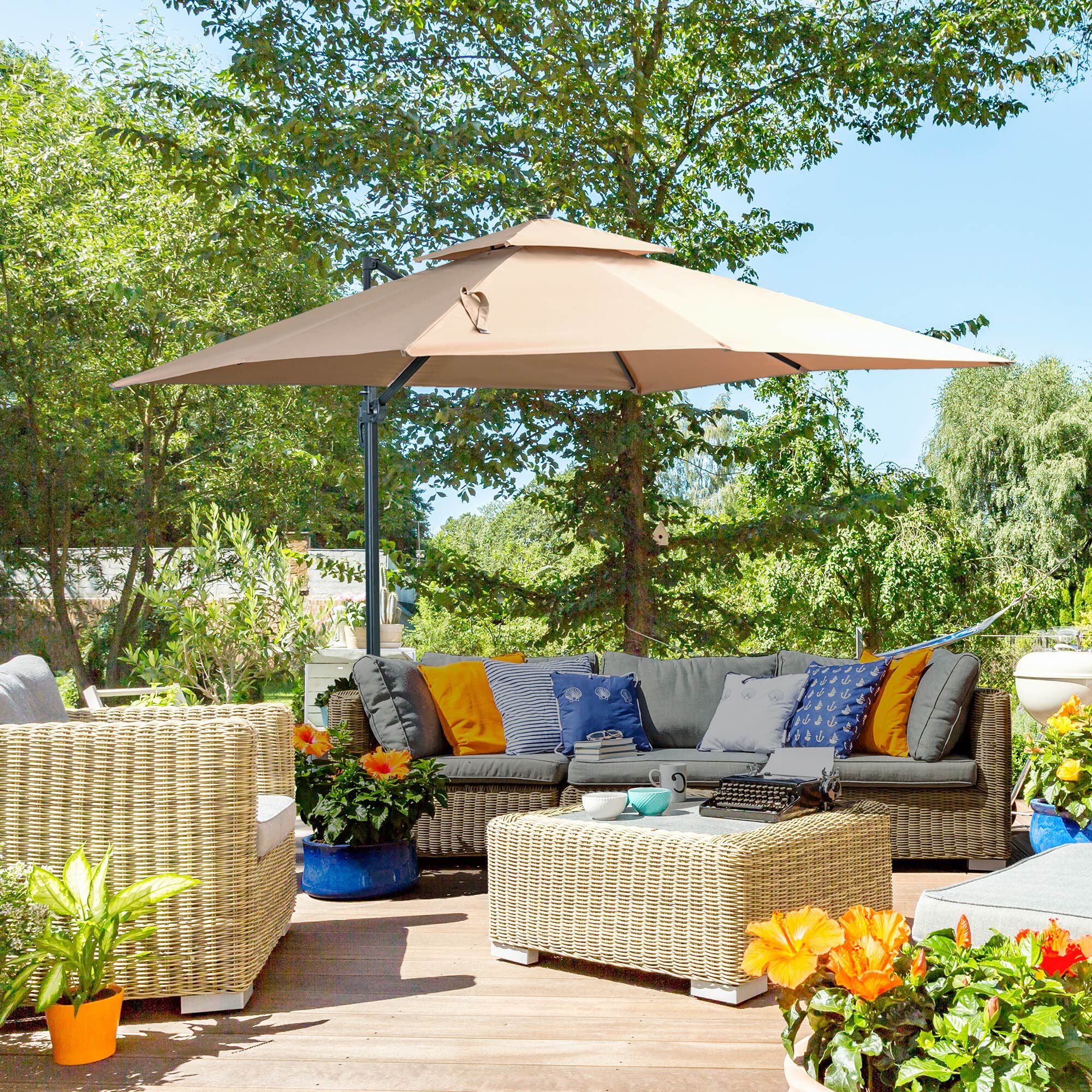 Outsunny Sombrilla de Jard&iacute;n 300x300 cm Parasol de Aluminio con Manivela Poste Giratorio 360&deg; Doble Techo Inclinable en 6 Posiciones y Base Cruzada Incluida Caqui, , large Imagen numero 2