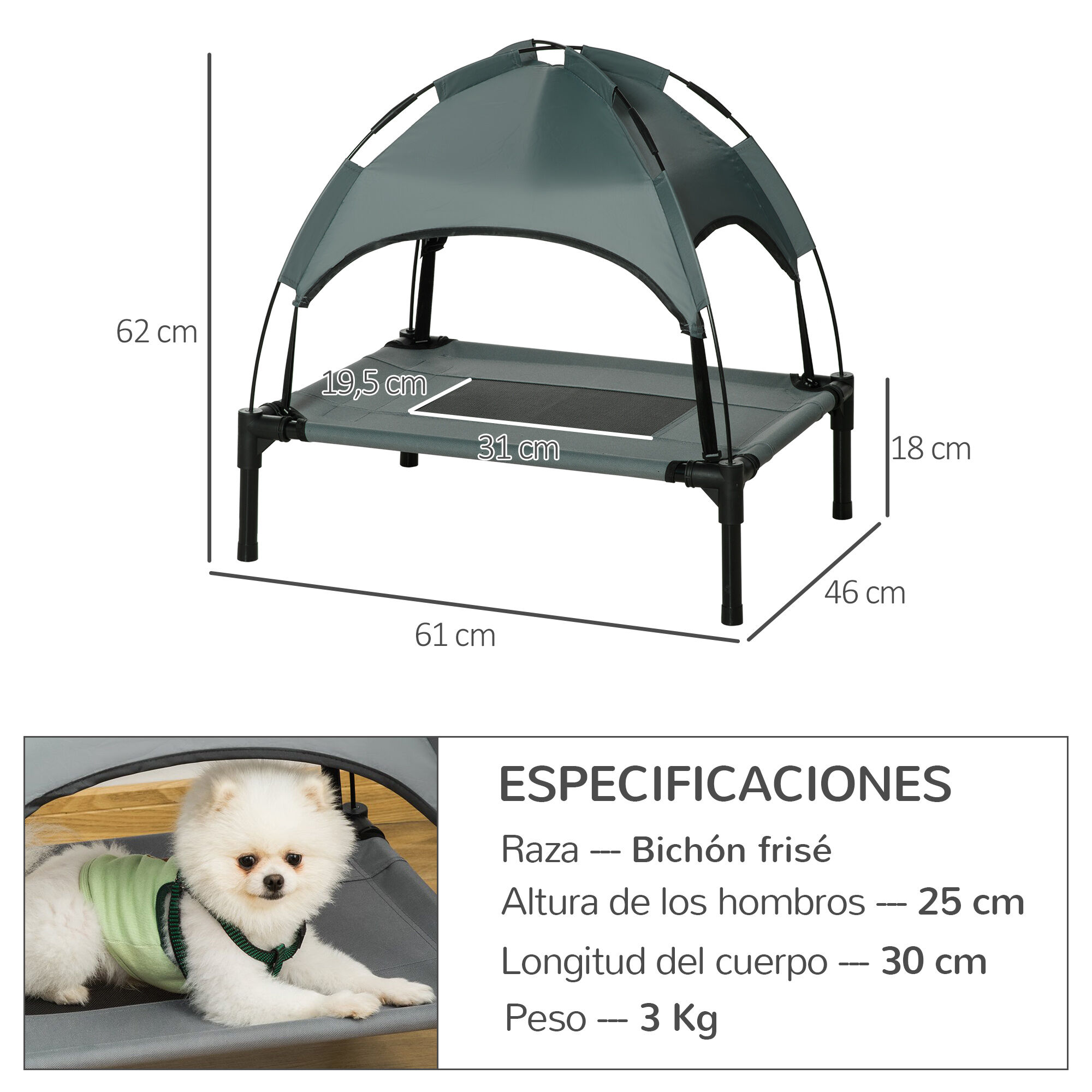 PawHut Cama Elevada para Mascotas Port&aacute;til con Toldo Extra&iacute;ble Tela Transpirable al Aire Libre para Interior y Exterior 61x46x62 cm Gris., , large Imagen numero 3