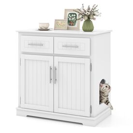 COSTWAY Caja de Arena para Gatos con Enclosure Oculto, Mueble de Madera para Mascotas con 2 Cajones, Puertas Dobles, Dispositivos Antivuelco, Mueble Moderno para Gatos con Almacenamiento para Gatos