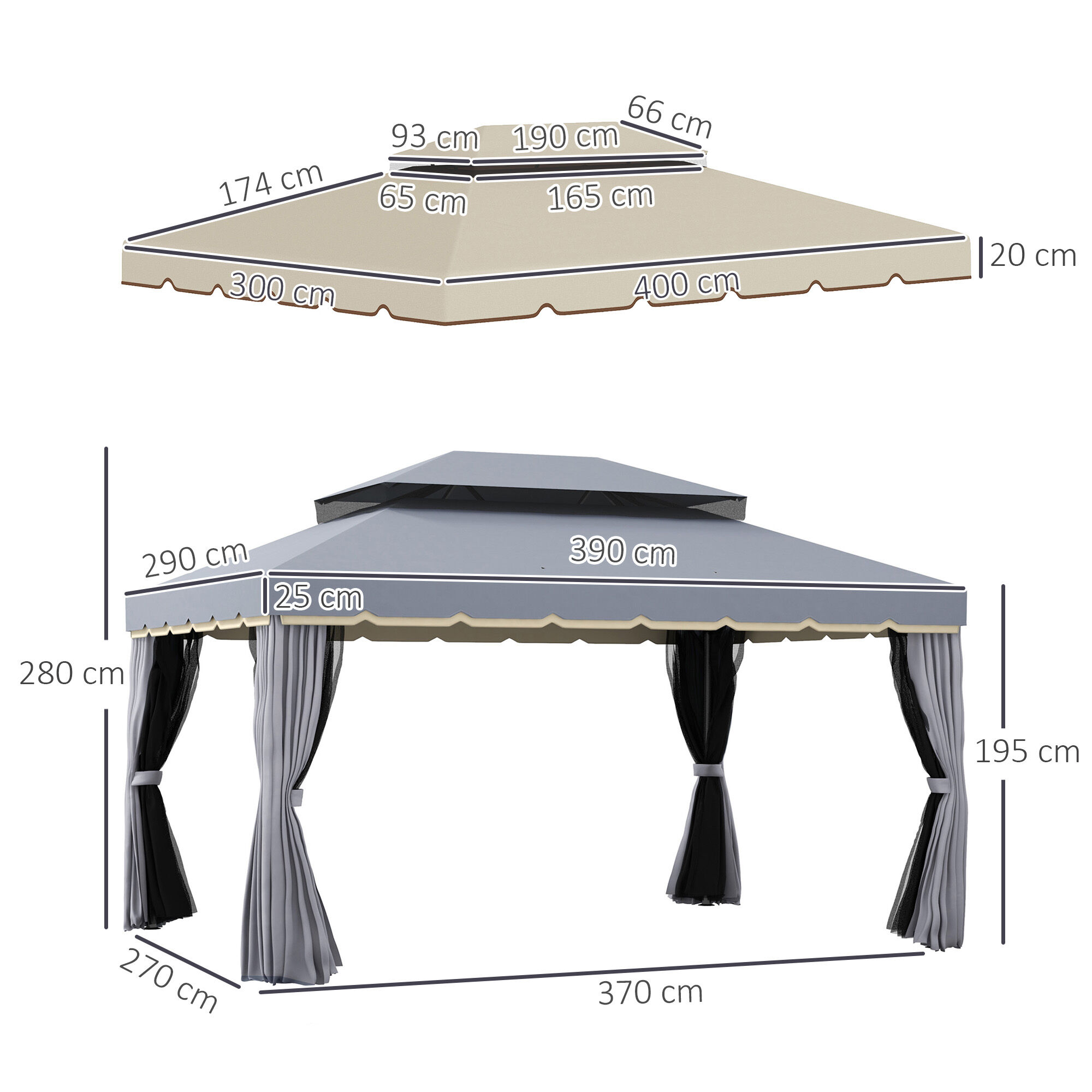 Outsunny Conjunto de Cenador Incluye 1 Cenador de Jard&iacute;n 4x3 m con 4 Cortinas Laterales 4 Mosquiteras y 1 Techo de Repuesto 4x3 m para Fiestas Eventos Exterior Gris y Beige, , large Imagen numero 3