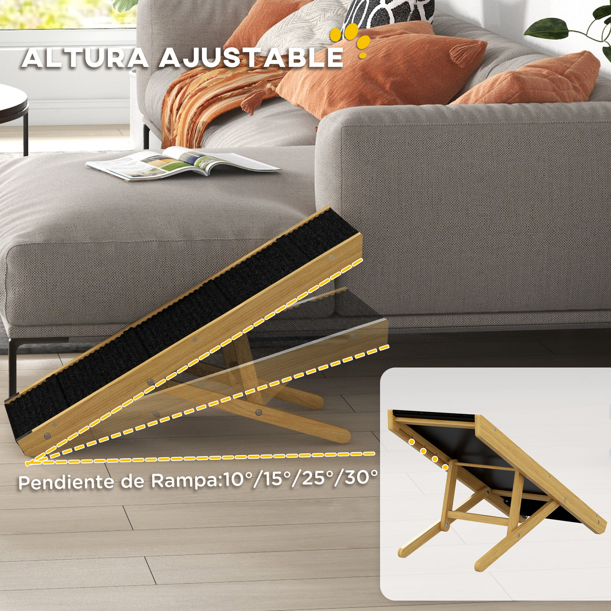 PawHut Rampa para Perros Plegable Rampa para Mascotas de Madera con Altura Ajustable en 4 Niveles para Perros Peque&ntilde;os y Medianos 83,5x35x47,5 cm Natural, , large Imagen numero 5