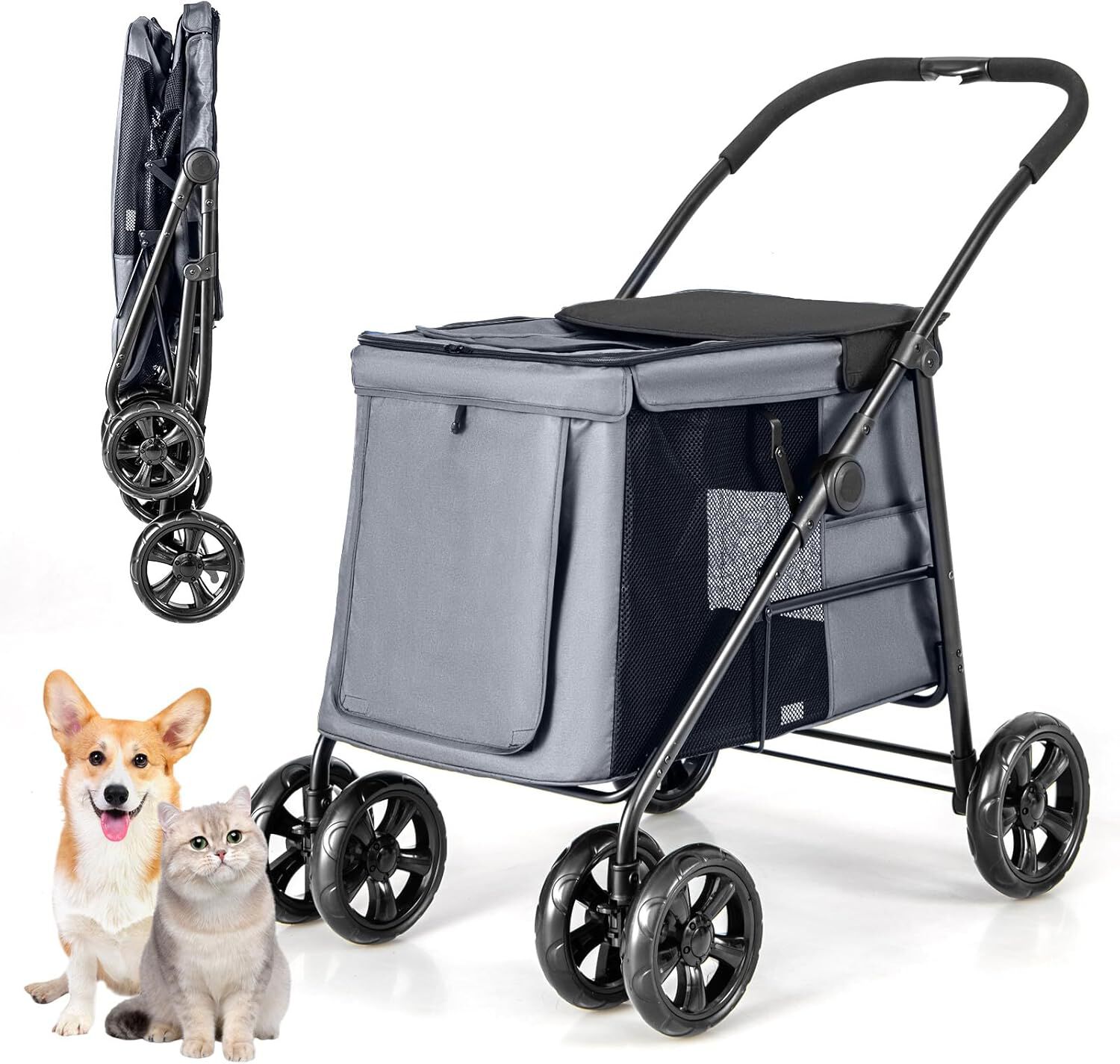 COSTWAY Cochecito para Mascotas Plegable, Carrito de Viaje Port&aacute;til para Mascotas con Malla Transpirable, Claraboya, Bolsillos, Carrito Plegable para Mascotas Peque&ntilde;as y Medianas (gris), , large Imagen numero 1