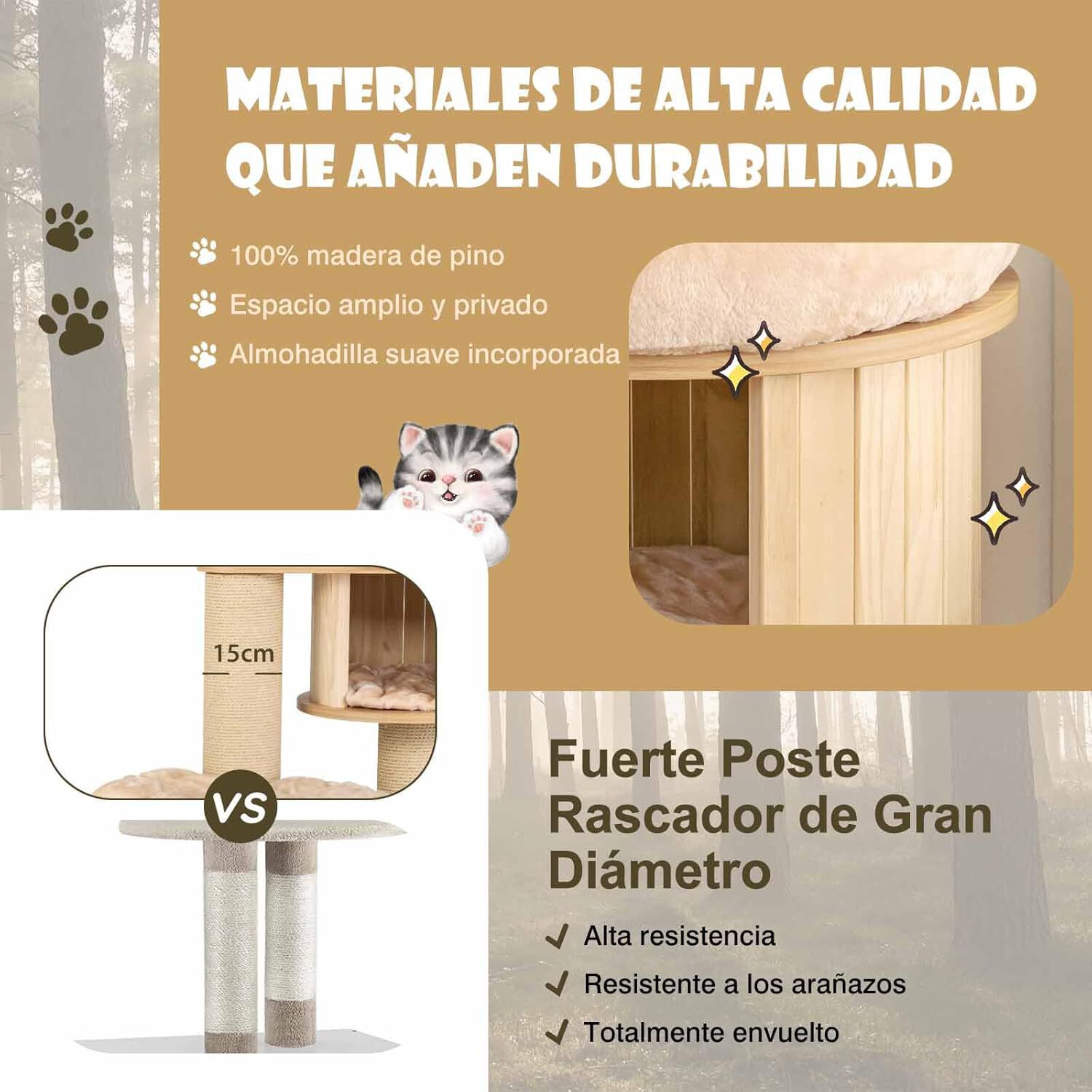 COSTWAY Rascador para Gatos, &Aacute;rbol para Gatos Altura 191 cm, Condominio de Madera,Percha Espaciosa, Hamaca, Cama, Postes de Rascado y Tapetes Lavables, Centro de Actividades para Gatos, , large Imagen numero 3