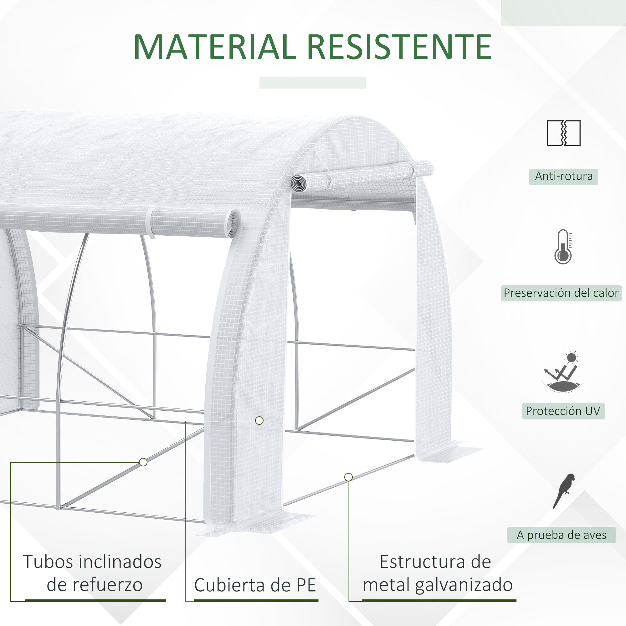 Outsunny Invernadero de T&uacute;nel de Jard&iacute;n 3x3x2 m con Puerta y 6 Ventanas Enrollables de Polietileno 140 g/m&sup2; y Acero Galvanizado para Cultivos Plantas Flores Blanco, , large Imagen numero 4