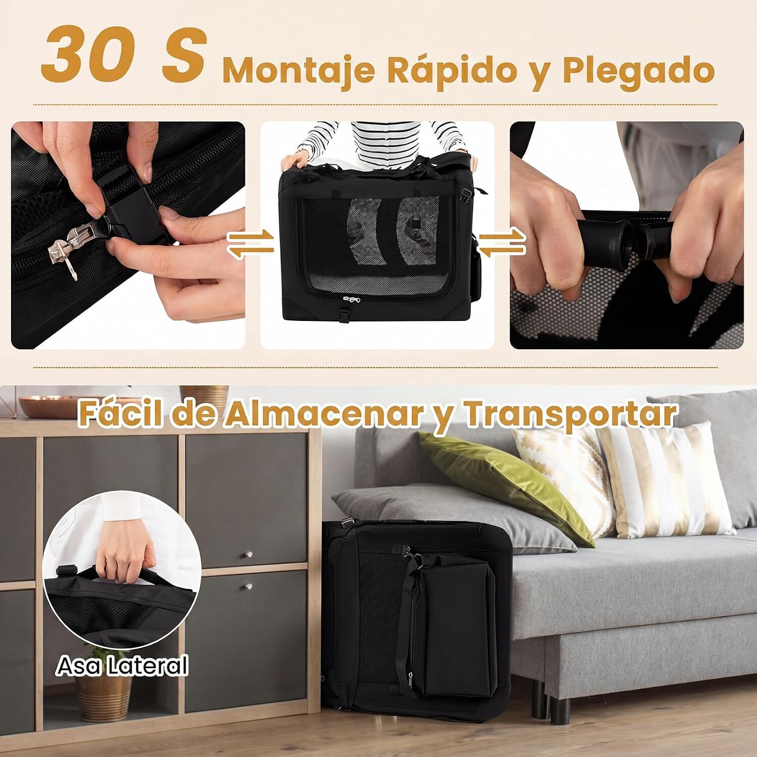 COSTWAY Transport&iacute;n para Perros Plegable, Bolsa Transporte para Gatos con Ventanas de Malla, 3 Puertas y Bolsillos Extra&iacute;bles, Portador de Viaje para Mascotas Interior y Exterior (Negro, M), , large Imagen numero 14