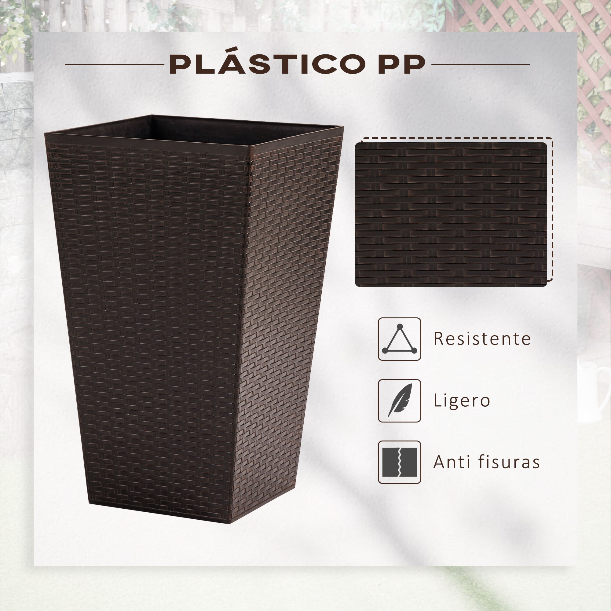 Outsunny Conjunto de 3 Macetas Cuadradas para Plantas Flores 3 Maceteros con Efecto de S&iacute;mil Rat&aacute;n para Jard&iacute;n Terraza Interior y Exterior 36,5x36,5x61 cm Marr&oacute;n, , large Imagen numero 4