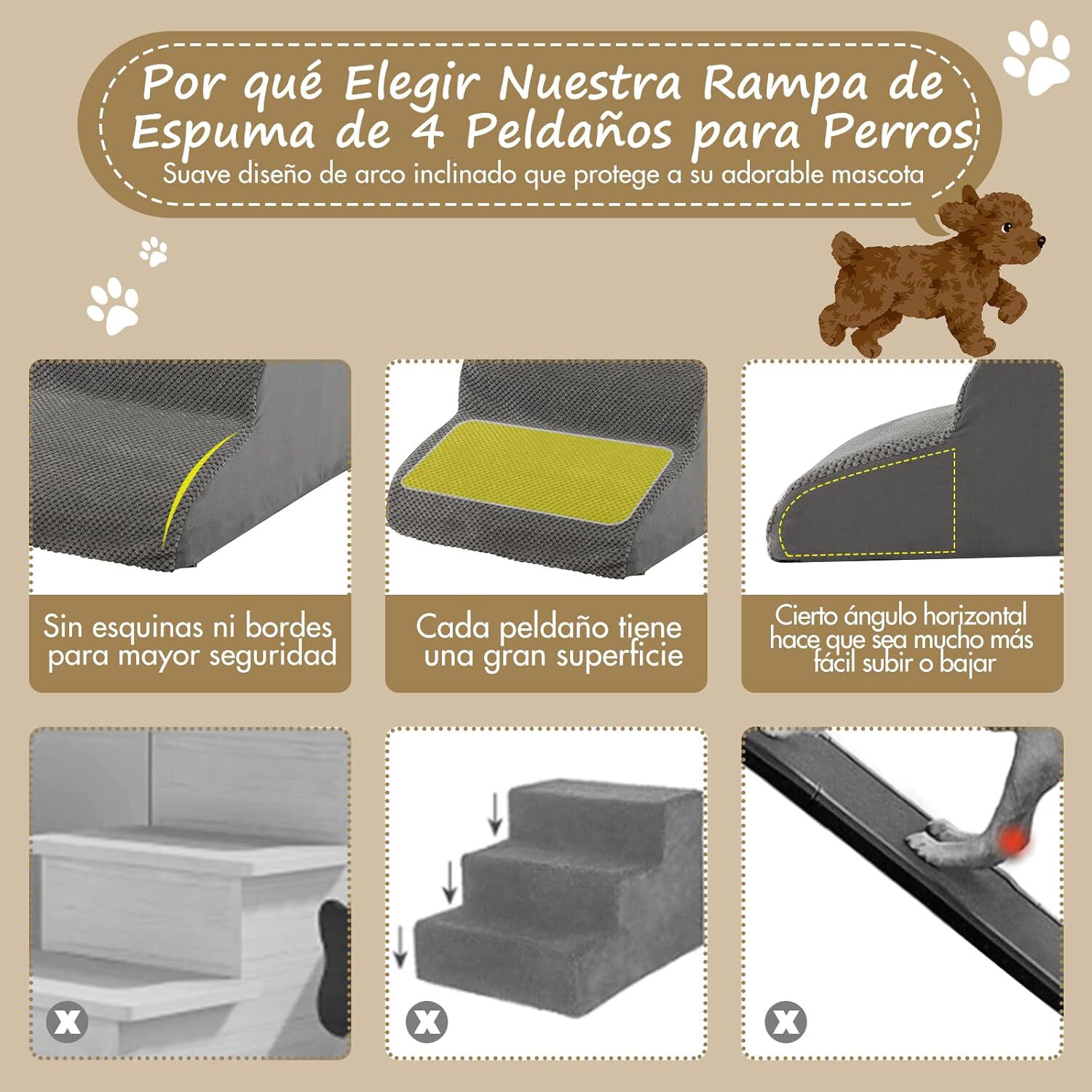 COSTWAY Rampa para Perros de Espuma de 4 Niveles, Escalera para Mascotas con Funda Lavable, Escala para Perros con Huellas de Silicona, Pelda&ntilde;os Antideslizantes para Perros para Sof&aacute;s Altos, , large Imagen numero 4