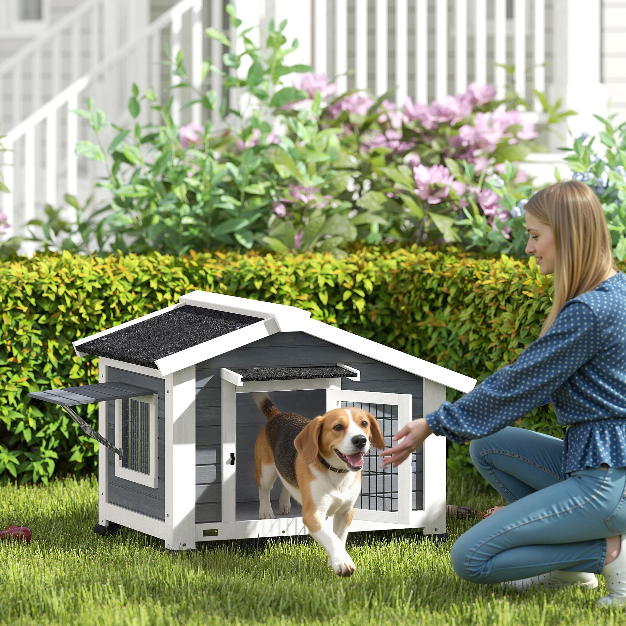 PawHut Caseta para Perros Exterior de Madera, Casa para Perros Medianos con Techo Asf&aacute;tico, Suelo Extra&iacute;ble, Ventana Abatible y Puerta Ventilada, Base Elevada, 98x76x69,5 cm, Gris, , large Imagen numero 2