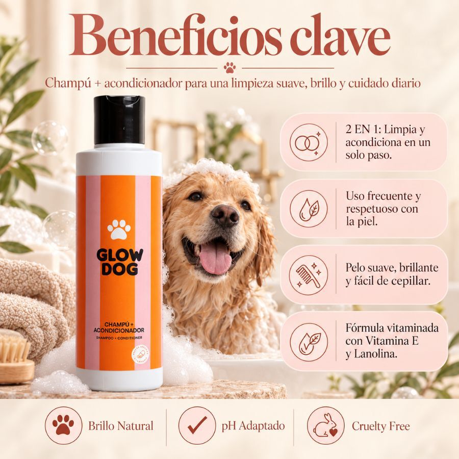 Glow Dog Champ&uacute; y Acondicionador 2 en 1 para perros &middot; Pelo suave y brillante &middot; F&aacute;cil cepillado &middot; Con Vitamina E y Lanolina &middot; Sin parabenos &middot; Uso frecuente &middot; Todo tipo de pelaje &middot; 200 ml, , large Imagen numero 4