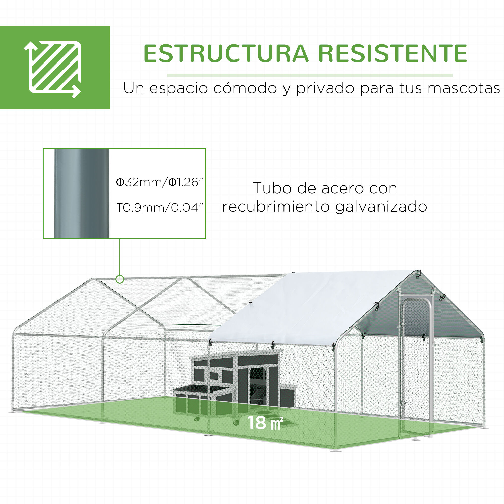 PawHut Conjunto de 1 Gallinero de Madera con Bandeja Extra&iacute;ble y Perchas 147x93,5x89,5 cm y 1 Gallinero para Exterior Grande de Metal Galvanizado 3x6x2 m, , large Imagen numero 4