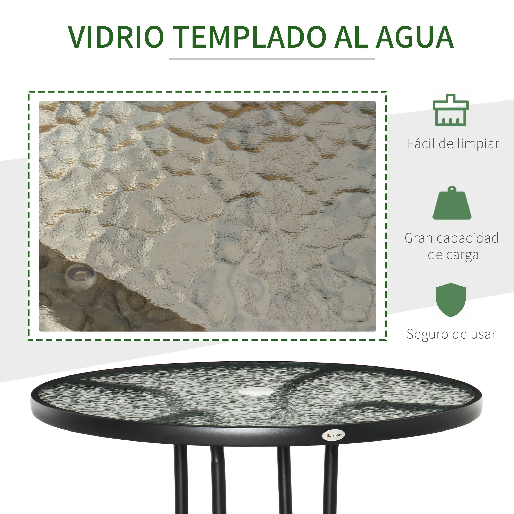Outsunny Mesa de Jard&iacute;n Redonda Mesa de Exterior &Oslash;80x72 cm con Agujero para Sombrilla y Encimera de Vidrio Templado para Patio Terraza Negro, , large Imagen numero 5