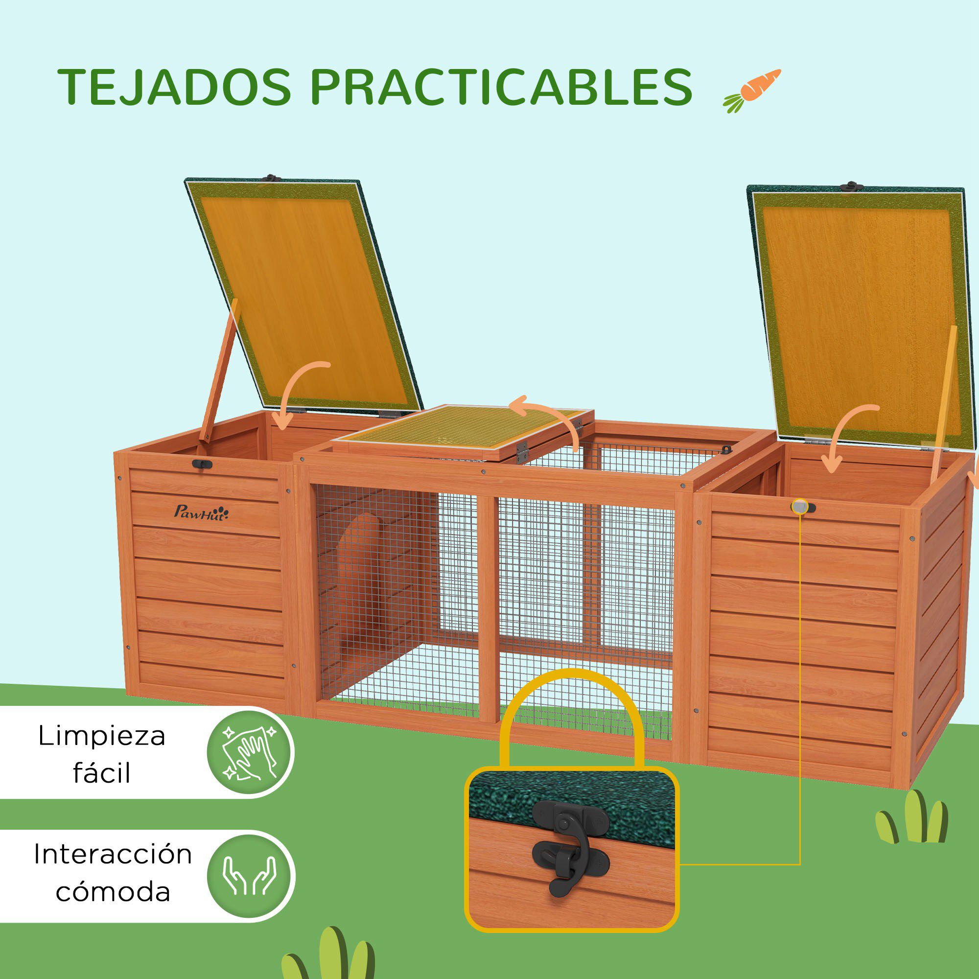 PawHut Conejera de Madera Jaula para Conejo con 2 Nidos 1 Puerta Superior Zona Abierta y Techo Asf&aacute;ltico para Exterior 140x52x46 cm Natural, , large Imagen numero 5