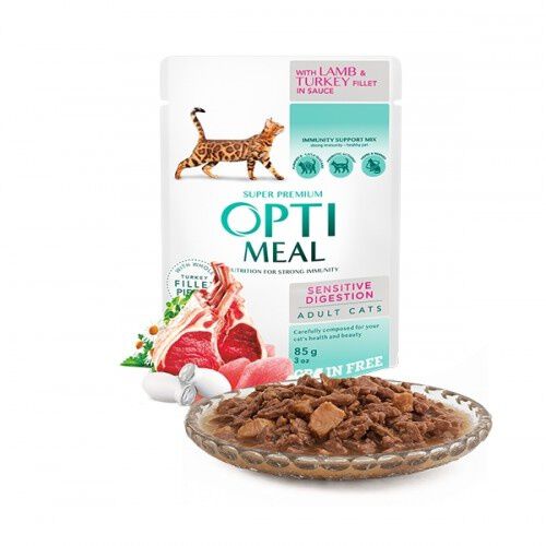 Optimeal sin cereales pienso h&uacute;medo para gatos digesti&oacute;n sensible Cordero y Pavo en salsa, , large Imagen numero 1