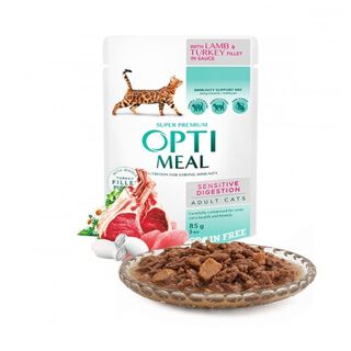 Optimeal sin cereales pienso húmedo para gatos digestión sensible Cordero y Pavo en salsa