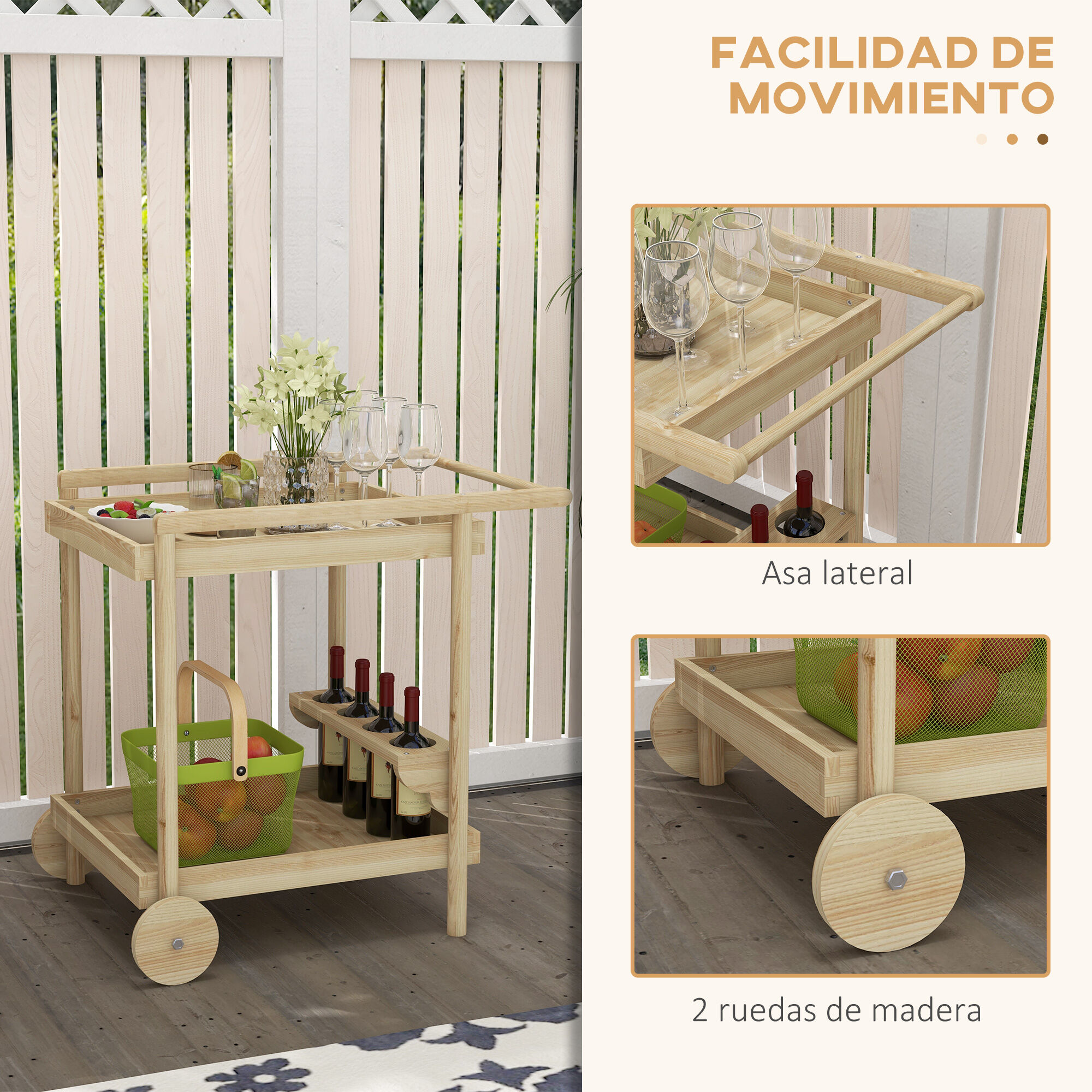Outsunny Camarera con Ruedas Madera Natural, , large Imagen numero 5