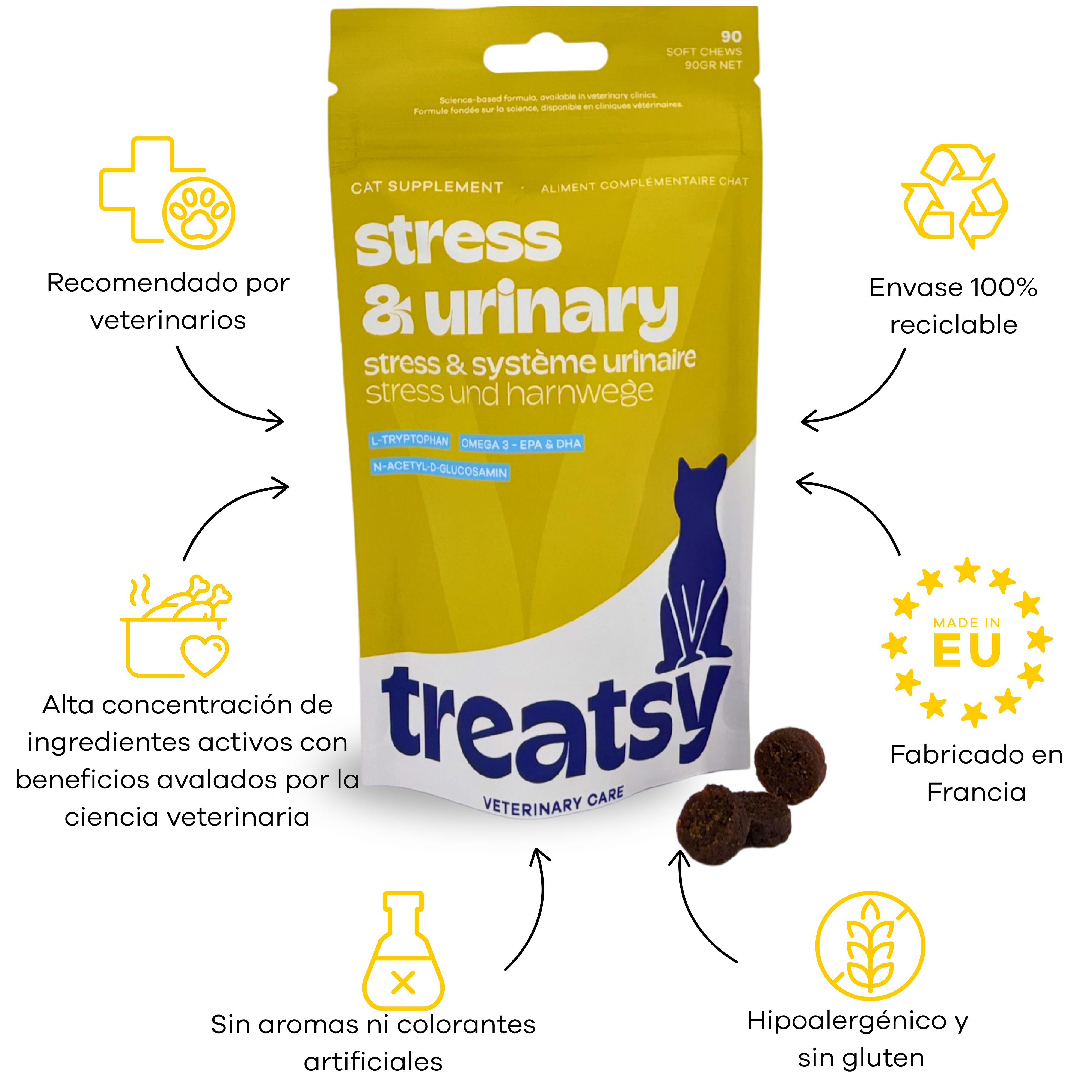 Treatsy Estr&eacute;s & Urinario Gato &ndash; Complemento Veterinario Antiestres y Cistitis Idiop&aacute;tica Felina &ndash; L-Tript&oacute;fano, Omega-3, N-Acetil-D-Glucosamina &ndash; 90 Snacks Blandos, , large Imagen numero 3