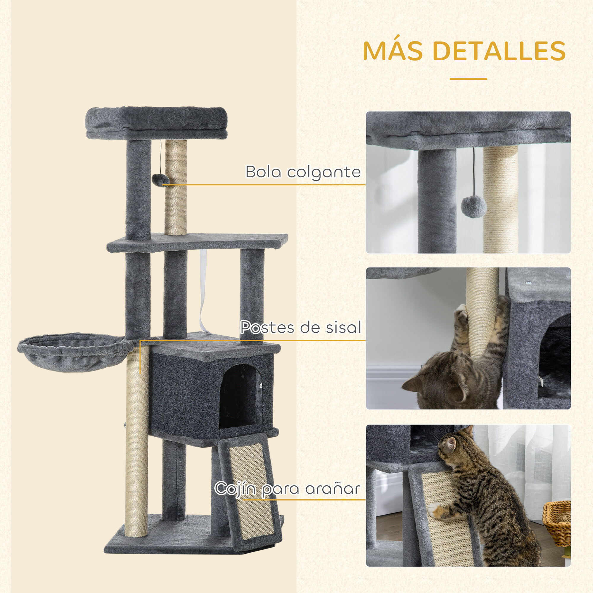 PawHut &Aacute;rbol para Gatos Gris, , large Imagen numero 5