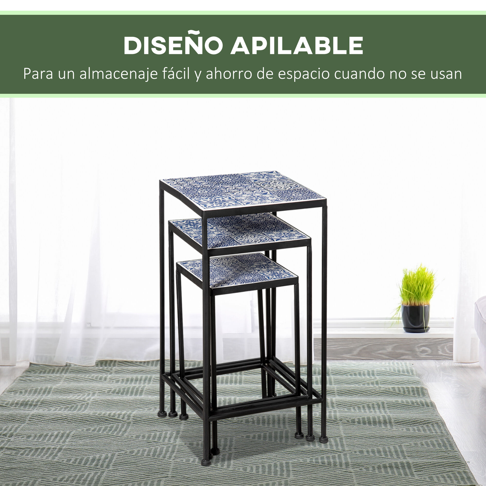 Outsunny Soportes para Plantas de Metal 3 Piezas Apilables Estantes Porta Macetas con Encimera de Azulejo Decorativa para Interiores y Exteriores 31,5x31,5x60,5 cm Azul y Negro, , large Imagen numero 5