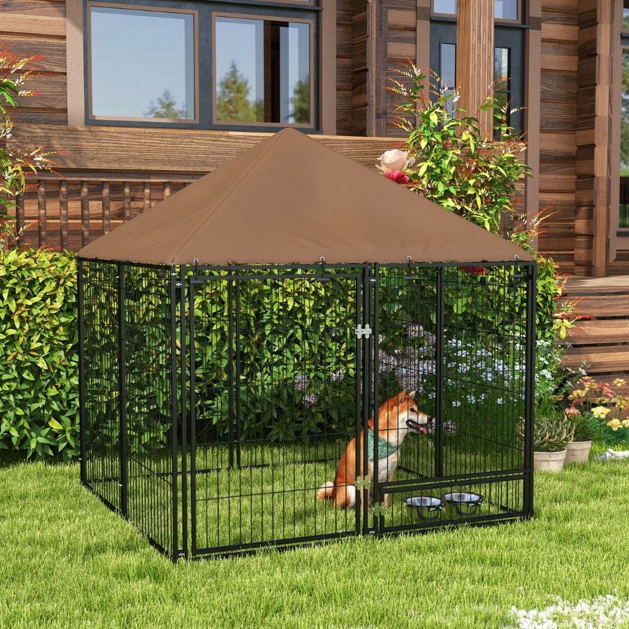 PawHut Perrera con Toldo Parque para Perros Met&aacute;lica de Exterior con Soporte Giratorio para Comida 2 Cuencos para Patio Jard&iacute;n Terraza 141x141x151 cm Negro, , large Imagen numero 3