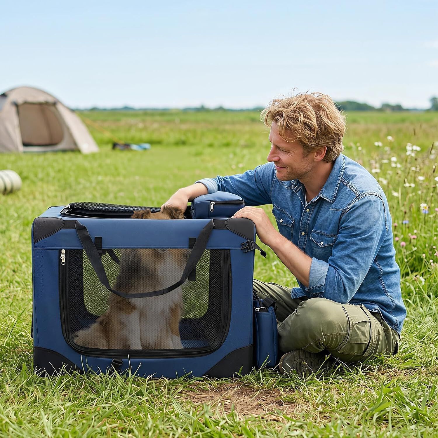 COSTWAY Transport&iacute;n para Perros Plegable, Bolsa Transporte para Gatos con Ventanas de Malla, 3 Puertas y Bolsillos Extra&iacute;bles, Portador de Viaje para Mascotas Interior y Exterior (Azul, S), , large Imagen numero 12