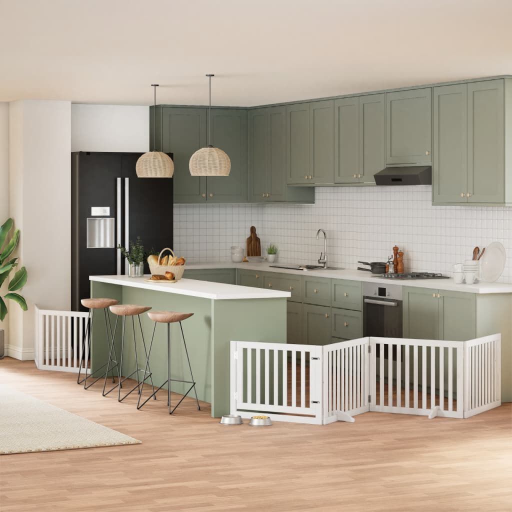 vidaXL Puerta de perros plegable 8 paneles madera &aacute;lamo blanca 640 cm, , large Imagen numero 2