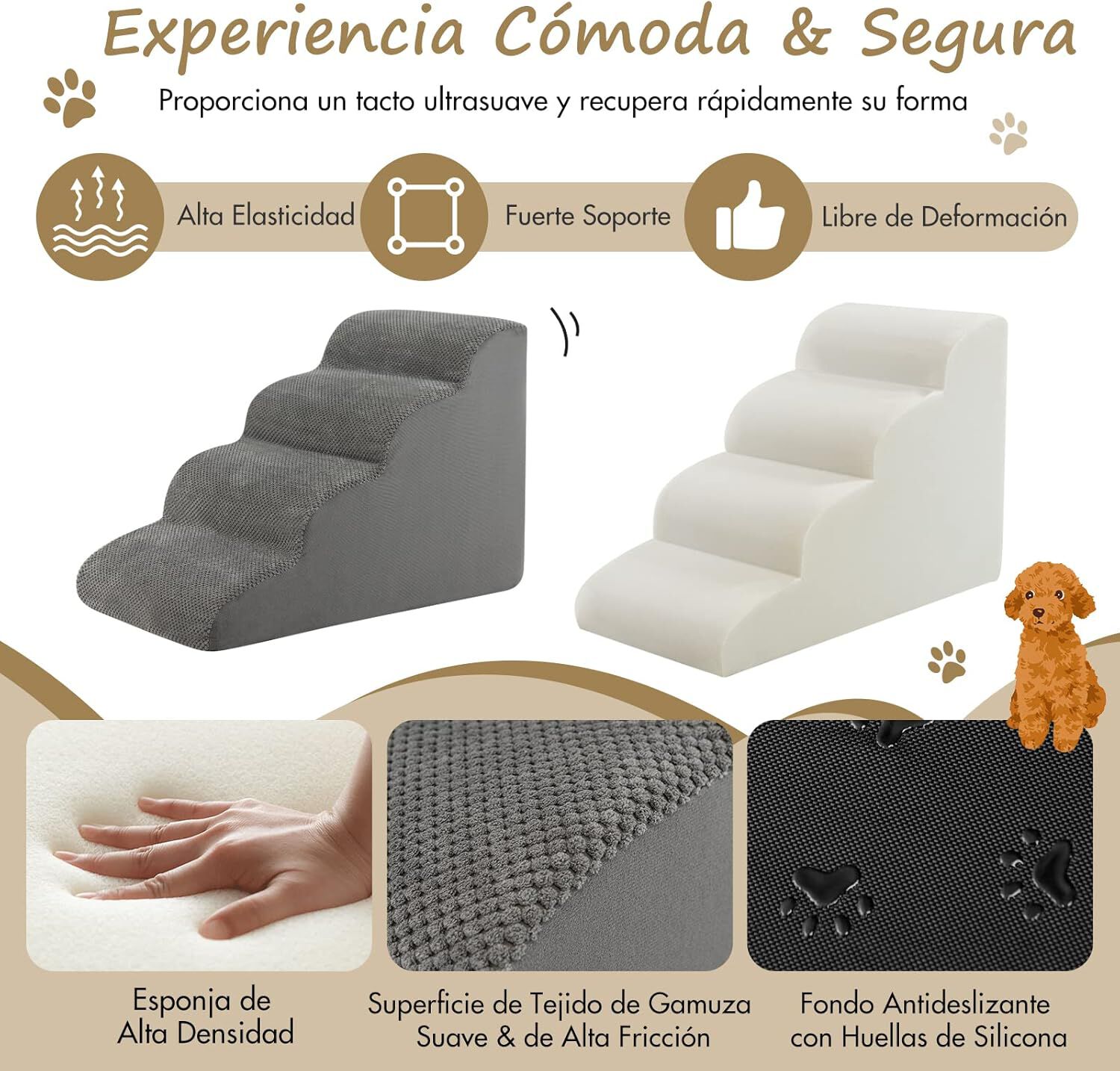 COSTWAY Rampa para Perros de Espuma de 4 Niveles, Escalera para Mascotas con Funda Lavable, Escala para Perros con Huellas de Silicona, Pelda&ntilde;os Antideslizantes para Perros para Sof&aacute;s Altos, , large Imagen numero 2