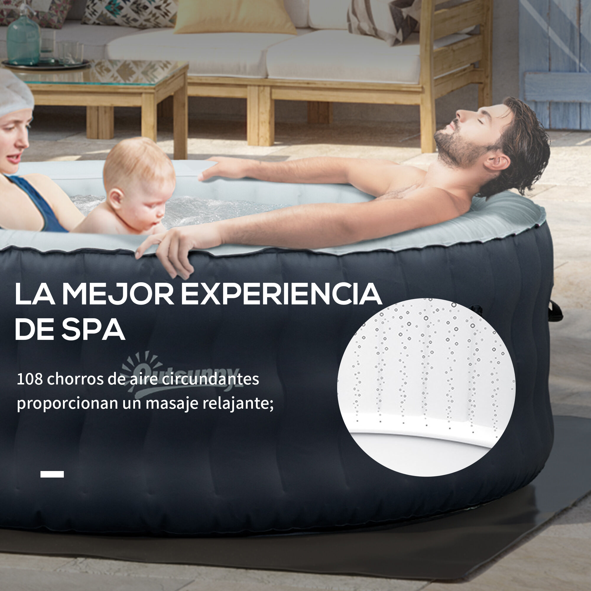 Outsunny Spa Hinchable Redondo para 4 Personas 950L Ba&ntilde;era de Hidromasaje Hinchable para Exteriores &Oslash;195x68 cm con 108 Chorros de Masaje Control Remoto y Funda Protectora Azul, , large Imagen numero 4