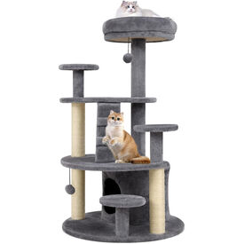 COSTWAY Árbol para Gatos, Torre para Gatos con Condominio y Percha Acolchada, Postes de Sisal para Rascar, Bola Colgante con Campana, Plataformas de Salto, Escalera, Base Ancha Estable (Gris)