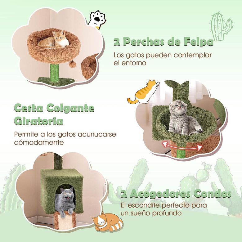 COSTWAY árbol rascador con Diseño de Cactus Verde con Condominio, Hamaca, Plataforma para Gatos thumbnail