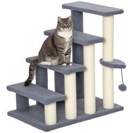 PawHut Escalera para Gatos de 4 Niveles Escalera para Mascotas Cubierto de Suave Felpa Poste de Sisal Bola Colgante Árbol Rascador para Gatos 60x40x64 cm Gris
