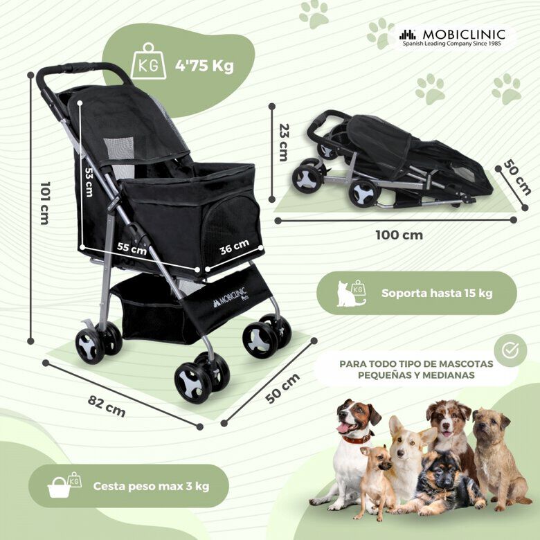 Mobiclinic Carrito para perros Ruedas con freno y 360&ordm; 3 accesos Con toldo Cesta almacenaje y portavasos Negro, , large Imagen numero 2