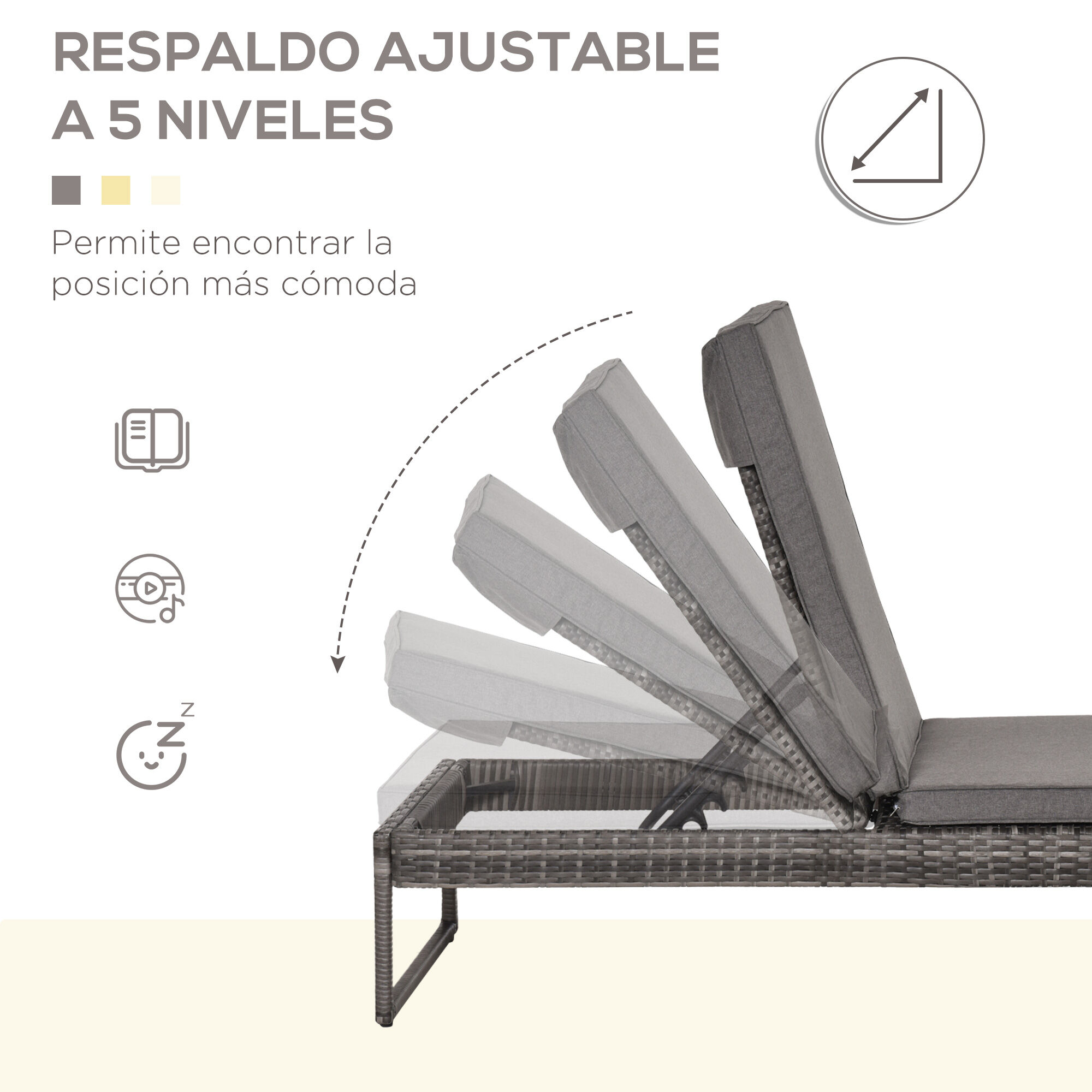 Outsunny Conjunto de 2 Tumbonas de Jard&iacute;n con Cojines Acolchados Rat&aacute;n con Mesa Auxiliar para Piscina o Terraza Carga 160kg 195x60x86 cm Acero Gris, , large Imagen numero 4