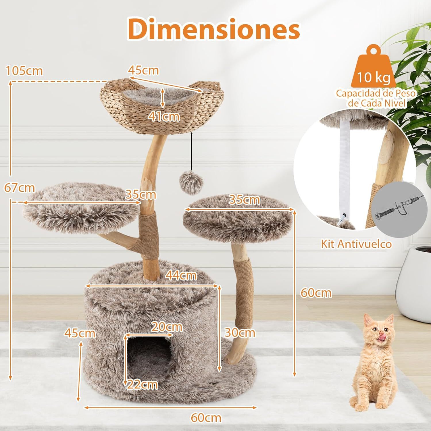 COSTWAY Rascador para Gatos, &Aacute;rbol para Gatos de Madera, Torre para Gatitos con Tronco de Peral S&oacute;lido con Plataforma, Centro de Actividades Moderno con Postes para Rascar de Sisal (Natural, 90 cm), , large Imagen numero 5