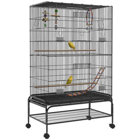 Pawhut Jaula para Pájaros, Jaula Grande con Ruedas, Comederos, Perchas, Estante Inferior, Bandeja Extraíble, Pajarera, Columpio y Escalera para Loros, Canarios, 97x58x160 cm, Negro