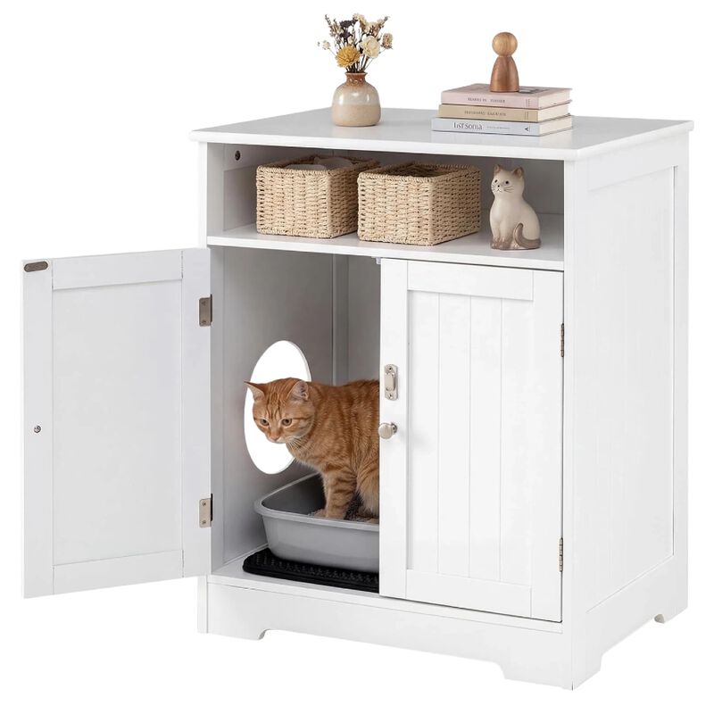 COSTWAY Caja de Arena para Gatos de Madera, Mueble Arenero para Gato con Alfombrilla, Compartimento y Puerta con Cerradura, Casa para Gatos Interior, Mueble Auxiliar Mascotas, 59,5x43,5x73 cm, Blanco, , large Imagen numero 1