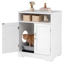 COSTWAY Caja de Arena para Gatos de Madera, Mueble Arenero para Gato con Alfombrilla, Compartimento y Puerta con Cerradura, Casa para Gatos Interior, Mueble Auxiliar Mascotas, 59,5x43,5x73 cm, Blanco