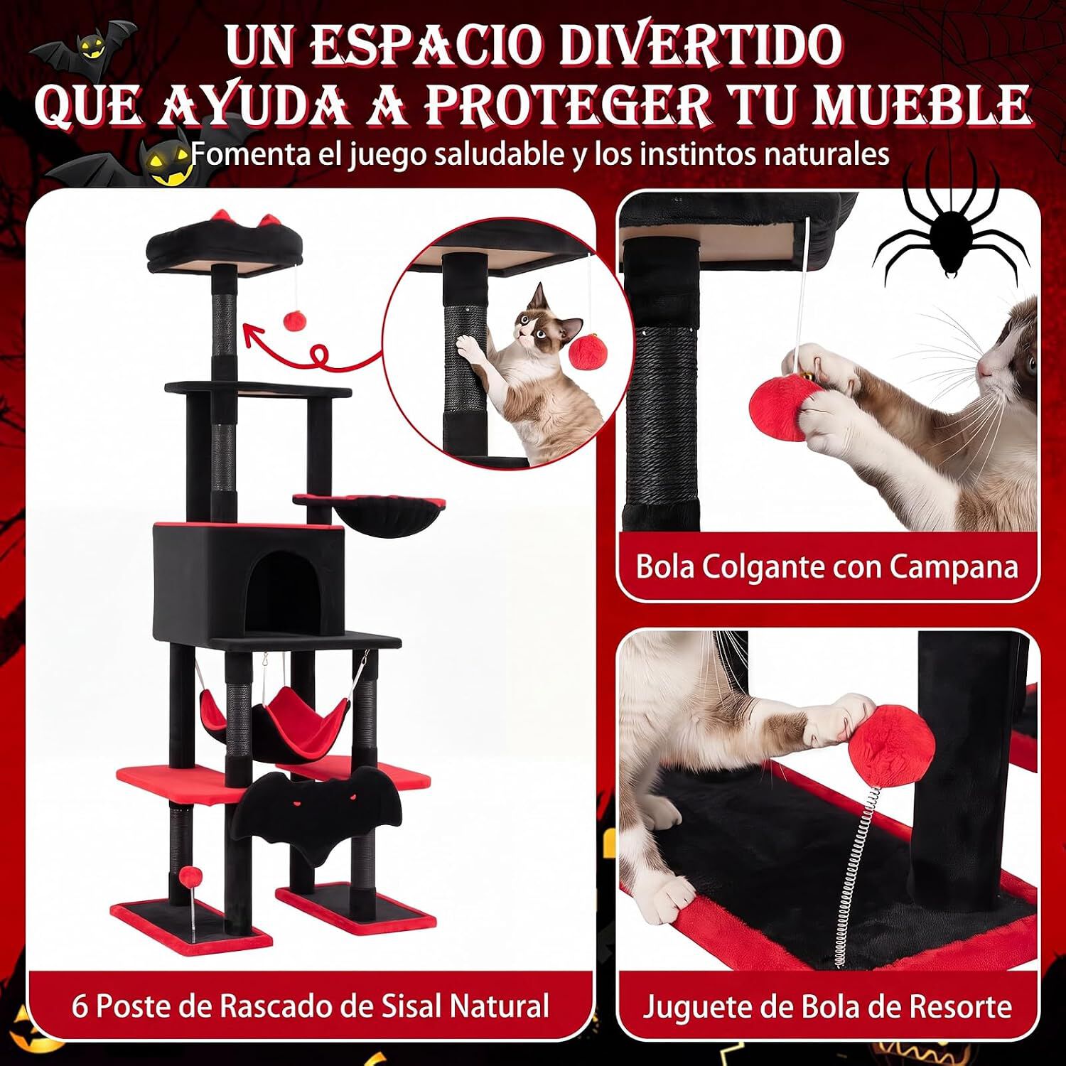 COSTWAY 178 cm &Aacute;rbol Rascador para Gatos de Estilo G&oacute;tico | con Casita, Plataforma, Hamaca, Postes Rascadores de Sisal y Bola Colgante, Torre para Gatos de 6 Niveles para Varios Gatitos, , large Imagen numero 4