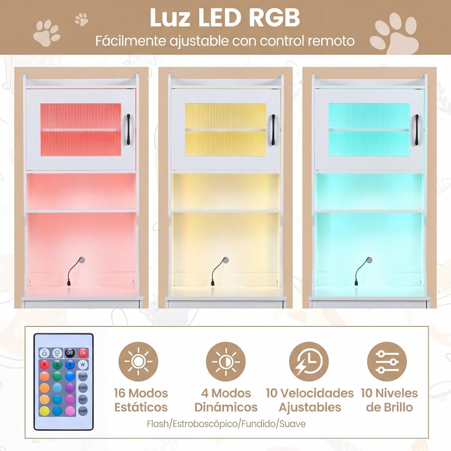 COSTWAY Mueble Arenero Gatos Alto con Luz LED, Armario Arenero para Gatos con Estantes, Estaci&oacute;n de Carga, Caj&oacute;n, 20 Modos de Luz, Control Remoto, Mueble Auxiliar para Gato, 50x45x152cm, Blanco, , large Imagen numero 3