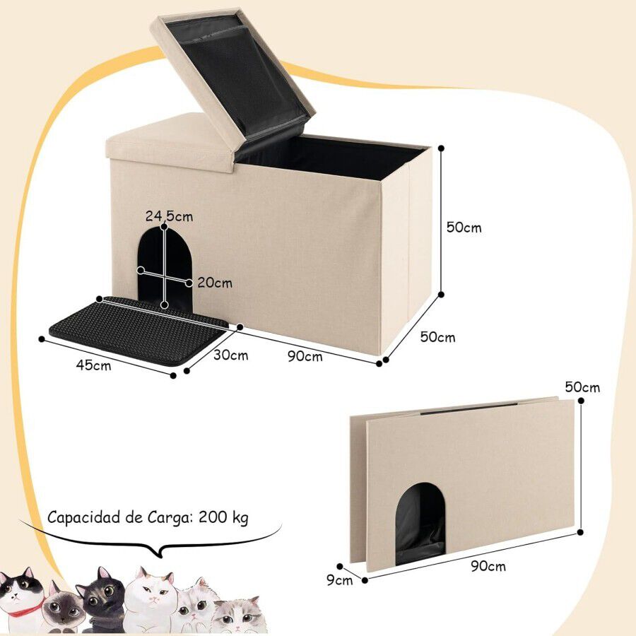 COSTWAY Banco con Arenero para Gatos, Banco De Almacenamiento con Estera de Arena a Prueba de Orina y Filtro de Carb&oacute;n, Cajas de Arena Impermeable 90 x 50 x 50 cm (Beige), , large Imagen numero 4