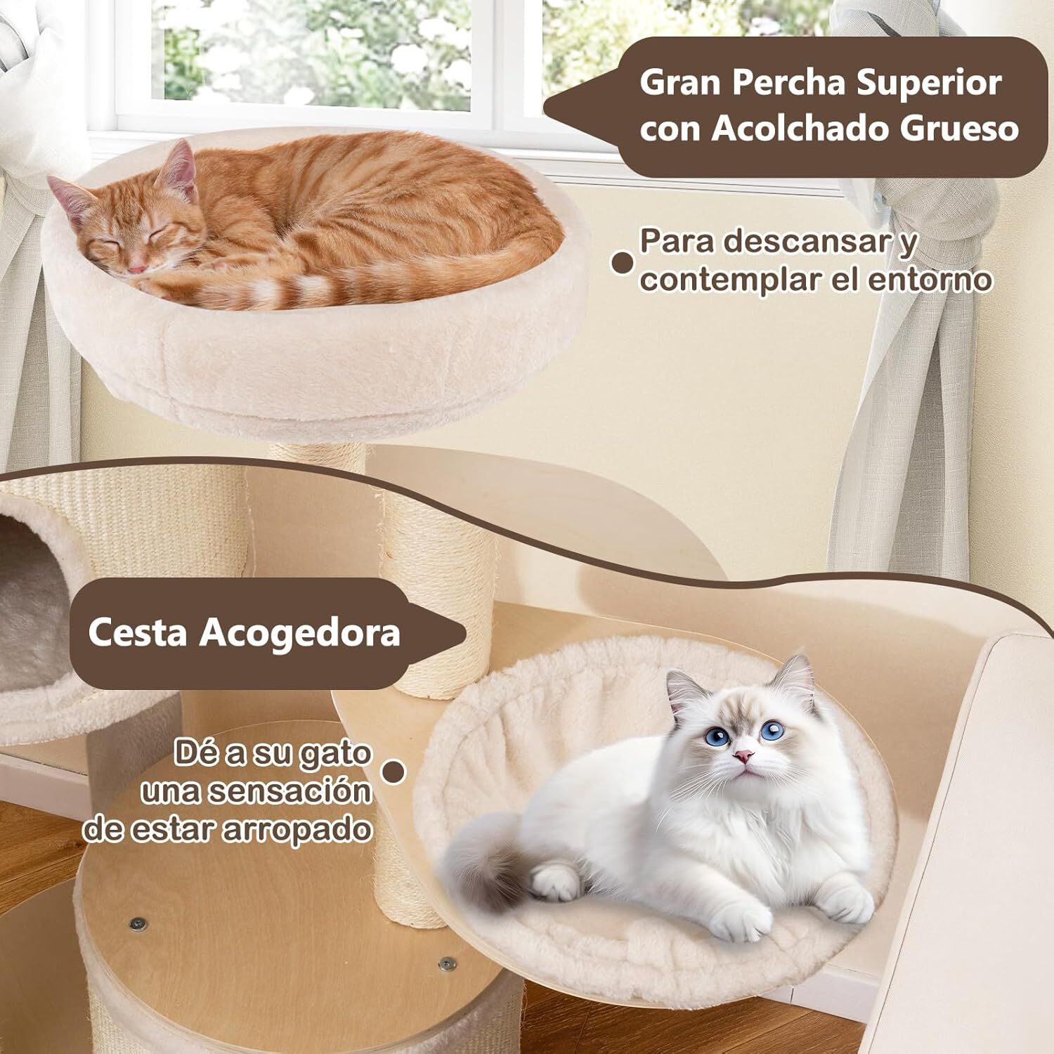 COSTWAY Árbol Rascador para Gatos de 152 cm, Torre Gatos Rascador de Madera Moderno, Árbol de Actividad para Gatito con Postes de Sisal, 2 Casas, Mirador, Hamaca, Bola Colgante, Cojín de Felpa Lavable thumbnail