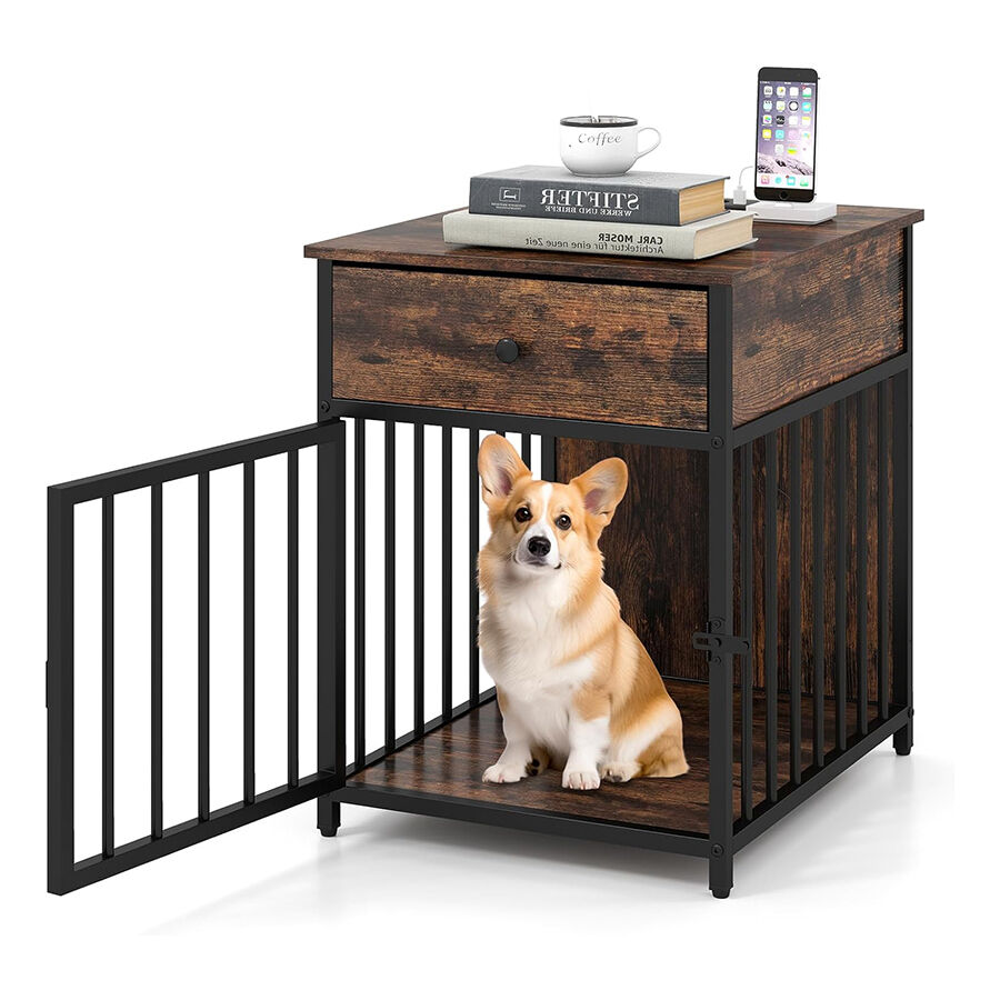 COSTWAY Jaulas para Perros con Estación de Carga, 2 en 1 Mesa Auxiliar y Caja de Perros de Madera con Cajón de Almacenamiento, Moderna Jaula para Perros con Cerradura de Puerta, 50 x 60 x 64 cm