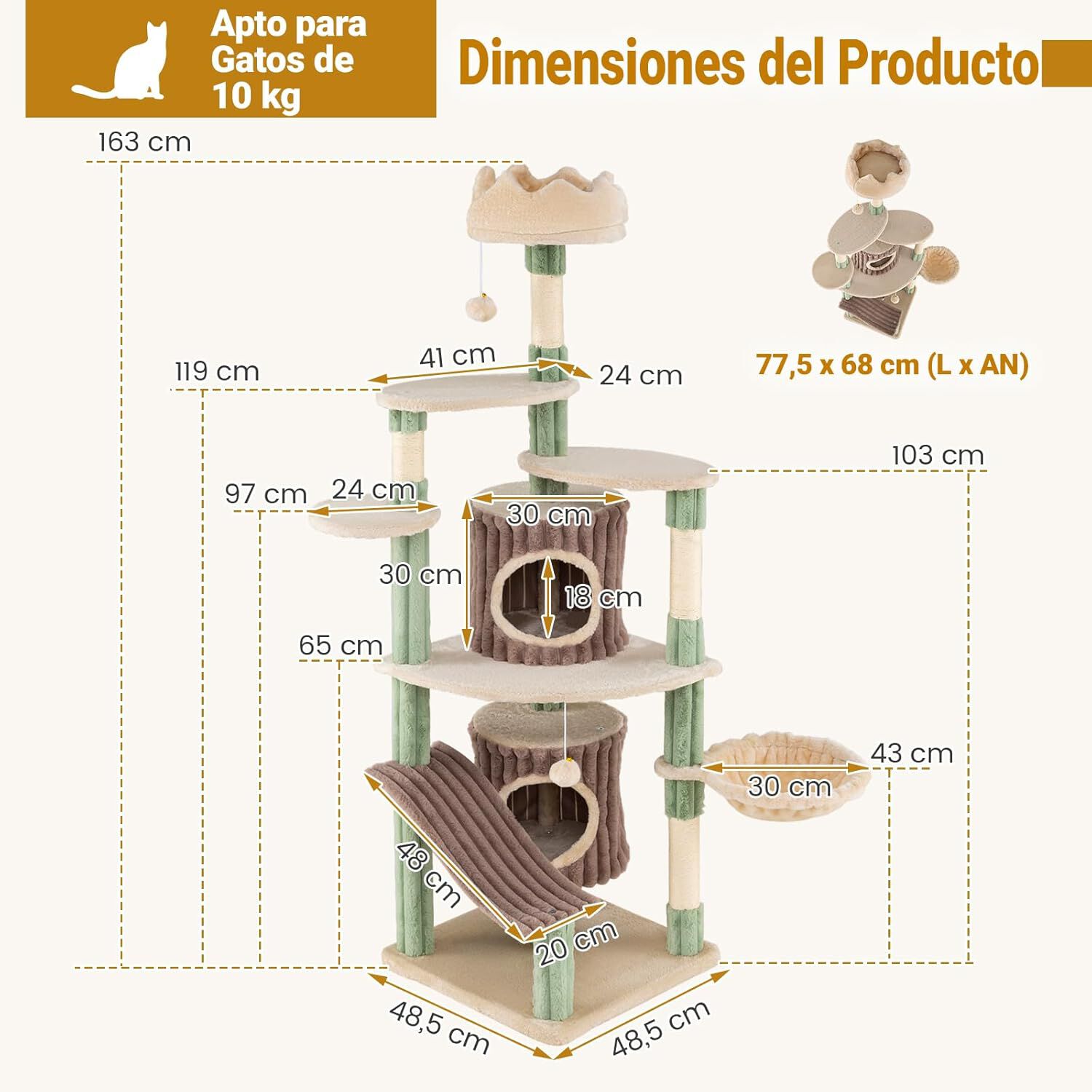 COSTWAY 163 cm &Aacute;rbol Rascador para Gatos, Torre Rascador para Gatitos con M&uacute;ltiples Plataformas Acolchadas, 2 Condos, Poste de Sisal, Bolas Colgantes, Centro de Actividades para Hogar con Varios Gatos, , large Imagen numero 5