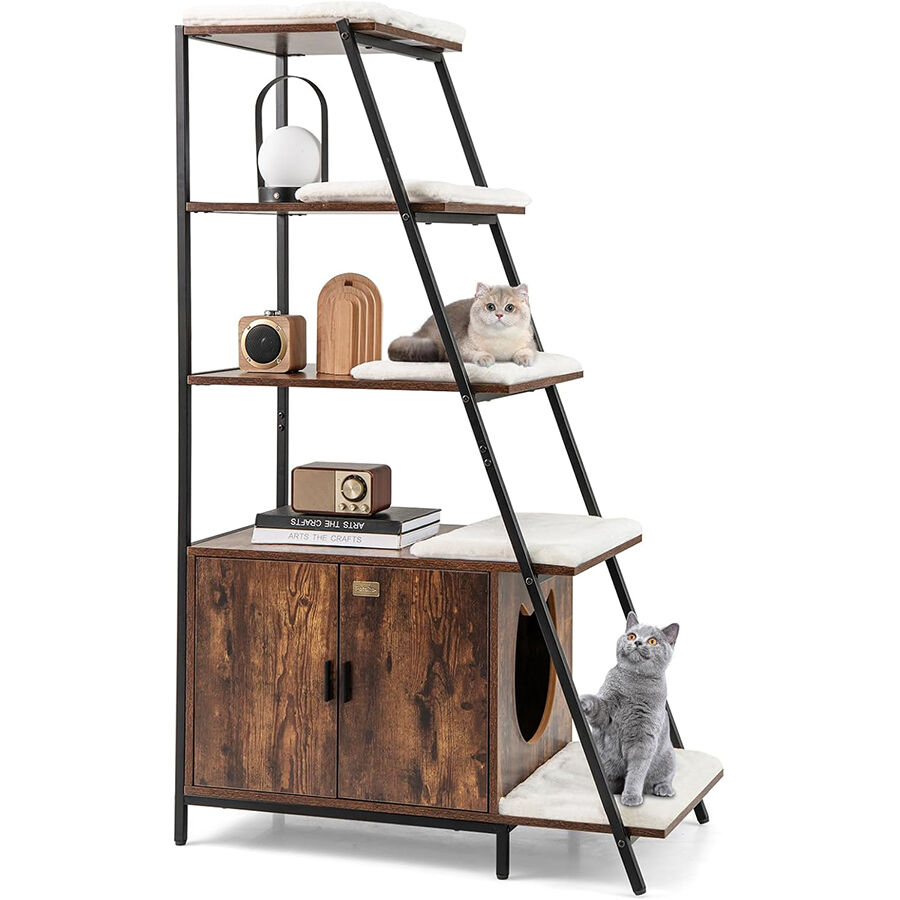 COSTWAY Caja de Arena para Gatos, Mueble de Ba&ntilde;o Oculto para Gatos con Escalera de 5 Niveles, 5 Alfombrillas Extra&iacute;bles y Entrada Lateral, Estante Esquinero Alto, 92,5 x 49 x 149 cm (Industrial), , large Imagen numero 1