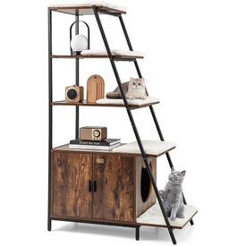 COSTWAY Caja de Arena para Gatos, Mueble de Ba&ntilde;o Oculto para Gatos con Escalera de 5 Niveles, 5 Alfombrillas Extra&iacute;bles y Entrada Lateral, Estante Esquinero Alto, 92,5 x 49 x 149 cm (Industrial)