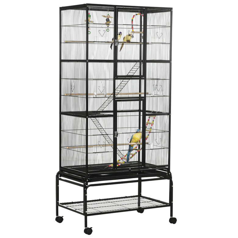 PawHut Jaula para Pájaros con Ruedas 83x53x180 cm Pajarera Metálica de 3 Niveles con 3 Perchas Comederos Juguetes Rampas y Estante de Almacenamiento para Canarios Periquitos Negro