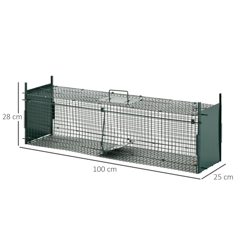 PawHut Trampa para Animales Vivos Jaula de Captura Metálica con 2 Puertas Asa para Conejos Visones Zorros Pequeños 100x25x28 cm Verde Oscuro thumbnail
