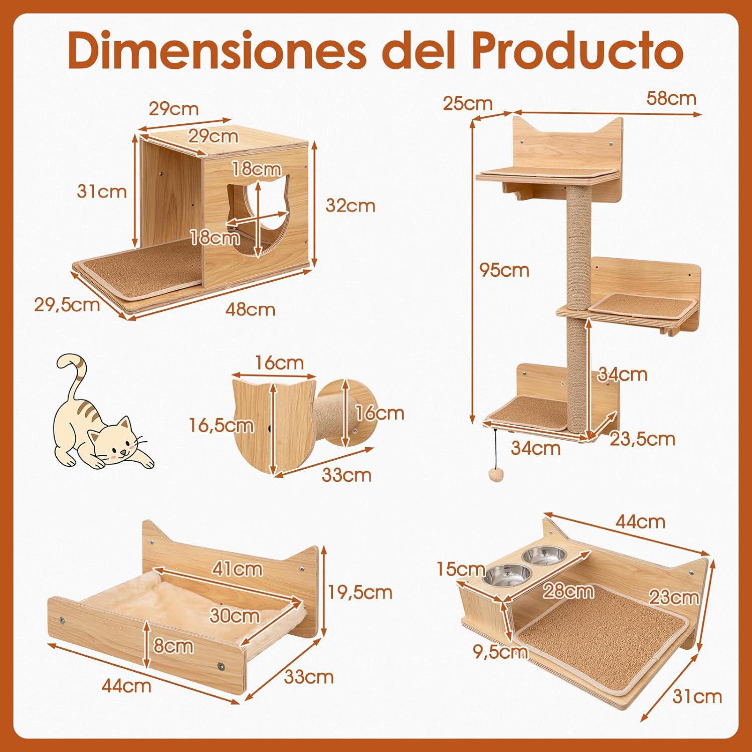 COSTWAY Juego de Muebles de Pared para Gatos de 6 Piezas, Estantes con Hamaca, Cuenco, Árbol de 3 Escalones y Postes Rascadores, Parque para Gatitos de Interior, Natural thumbnail