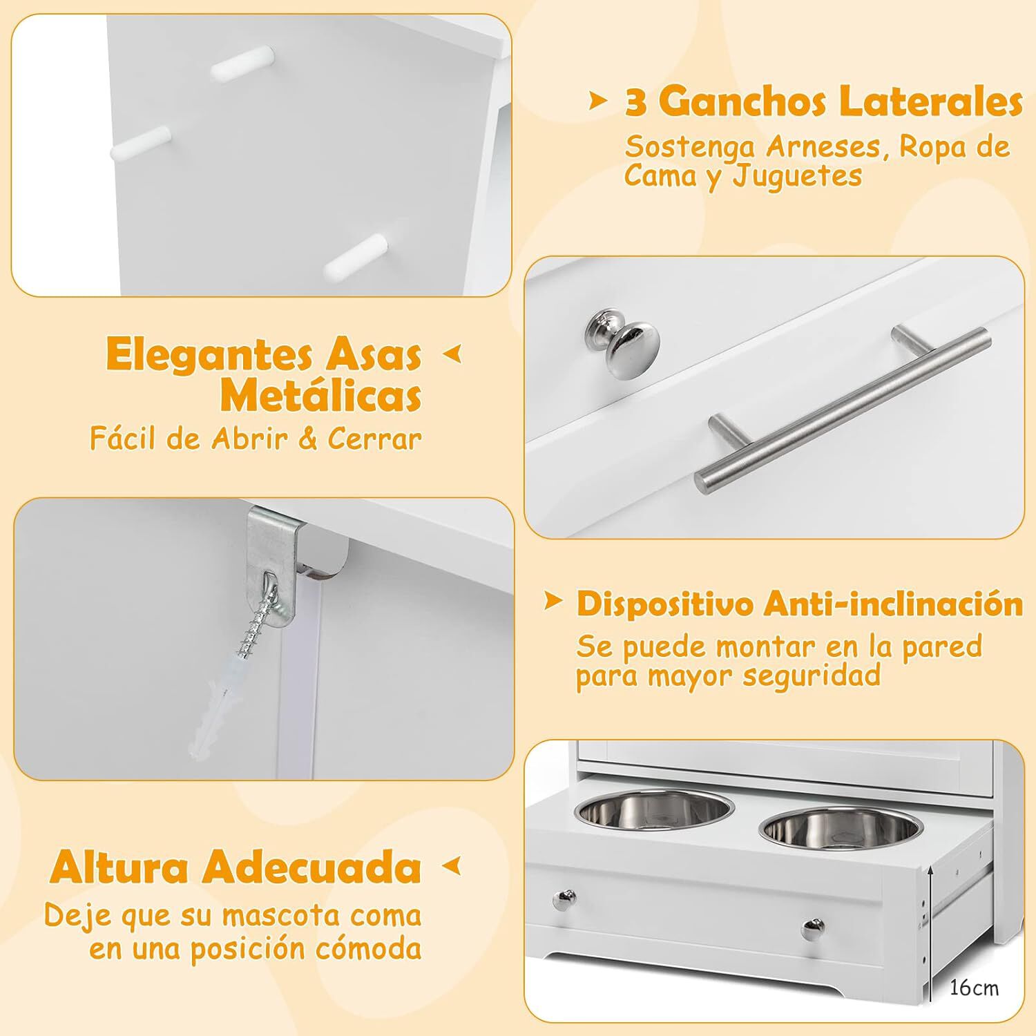 COSTWAY Estaci&oacute;n de Alimentaci&oacute;n Casita para Mascotas con Cuenco de Acero Inoxidable, Gancho para Colgar, Dispositivo Antivuelco, 61 x 35,5 x 82,5 cm, Gabinete de Almacenamiento para Mascotas, , large Imagen numero 2